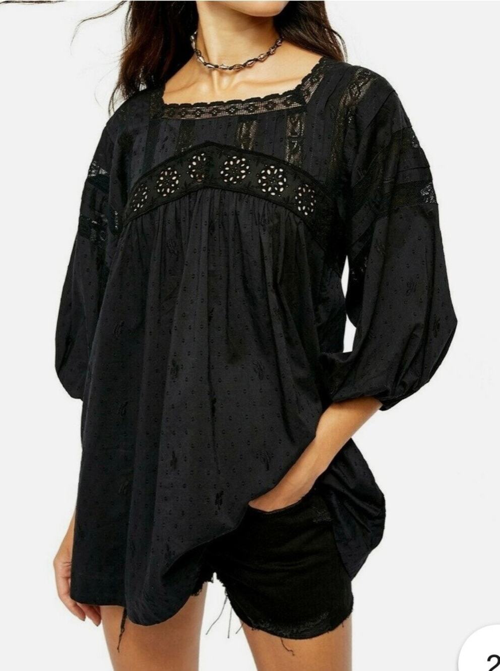 FREE PEOPLE Azalea Lace Peasant Cotton Tunic Blouse Women's Size XS Black